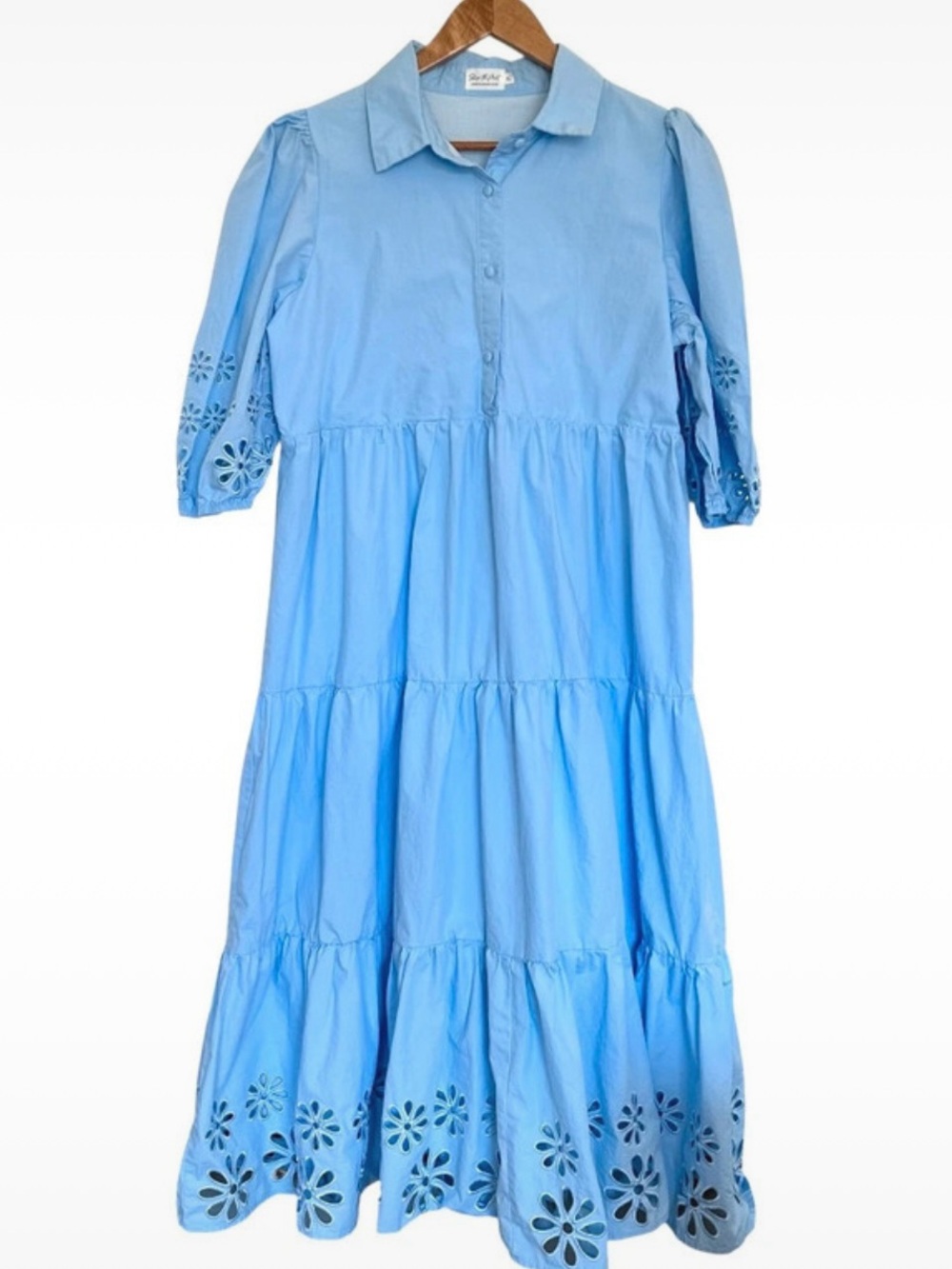 Light Blue Tiered Eyelet Cotton Maxi Dress
